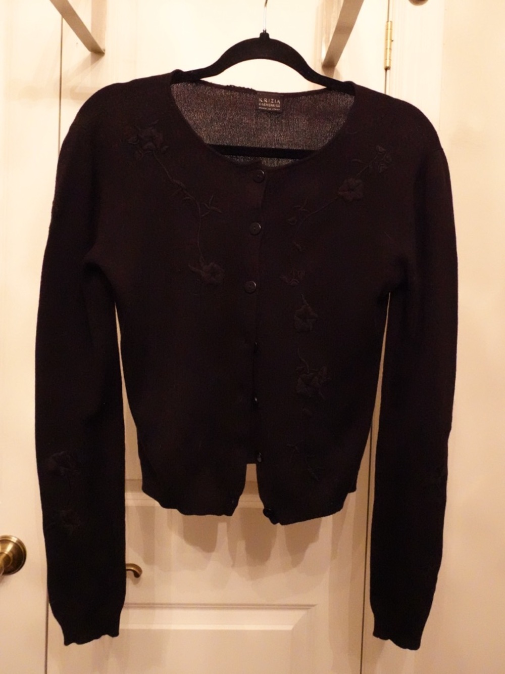 Vintage Krizia Black Cashmere Cardigan with Floral Embroidery, Size 8